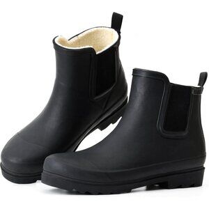Women's Black Waterproof Rain Boots with Plush Lining Non-Slip Winter Boots